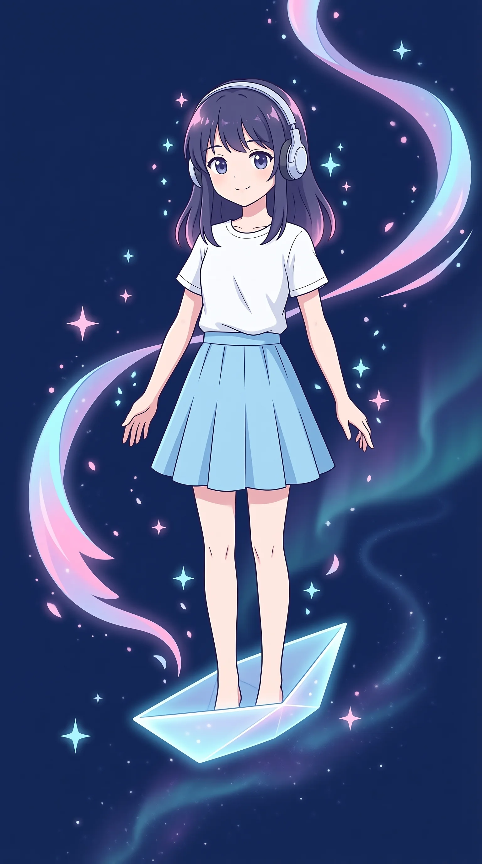 星海漂流少女「汐」:深紫短发,戴白色头戴式耳机,白上衣蓝裙,自带极光